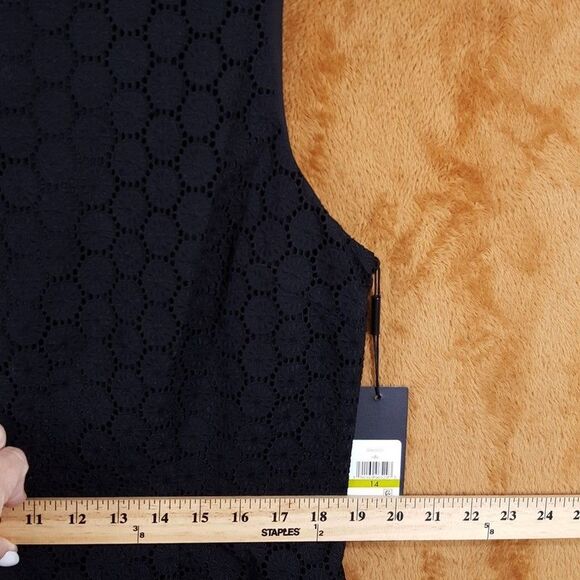 KARL LAGERFELD Sheath Dress Size 14 Black Sleeveless Lace Eyelet White Hem - Picture 7 of 9